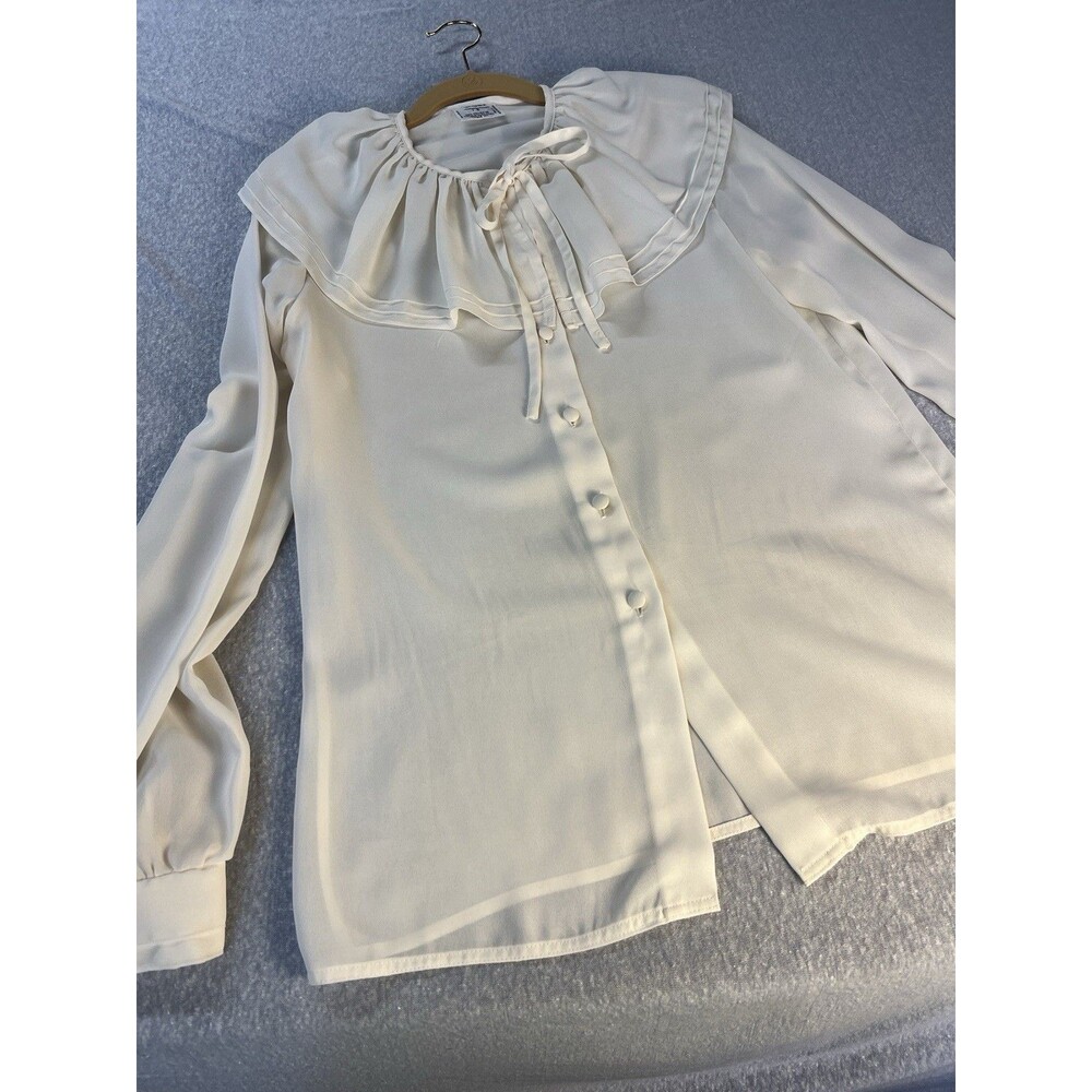 Vintage Women’s Blouse Ruffled Prairie Sheer Cream Bow Tie 12 Polyester 80’s 90s